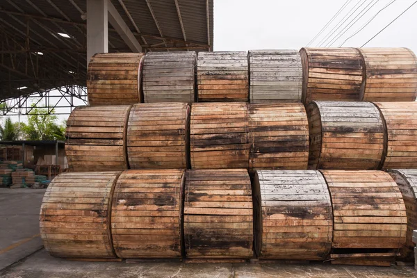 stock image Pile of wooden electric wire reels