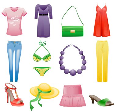 Women's clothes and accessories summer icon set. clipart
