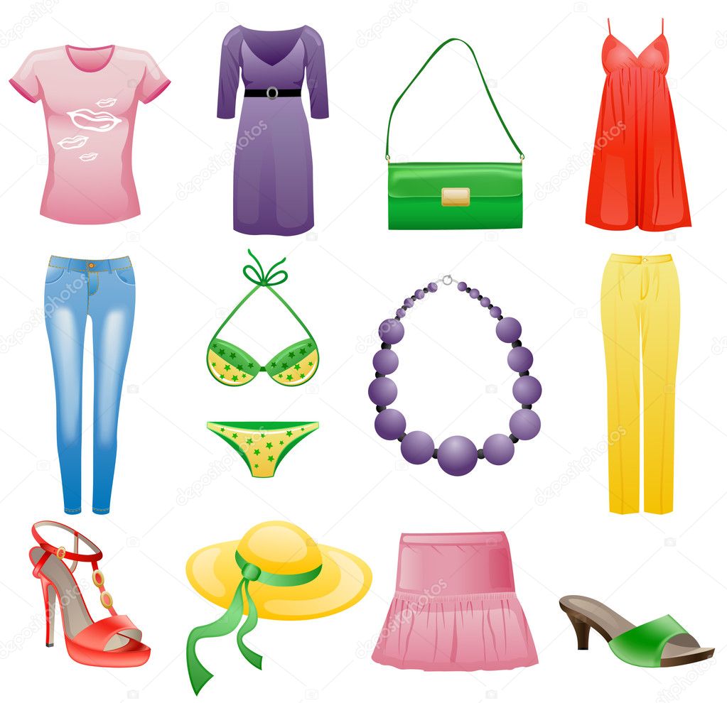 Women's clothes and accessories summer icon set.