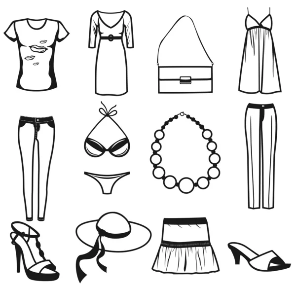 女性の服やアクセサリーの夏のアイコンを設定 — ストックベクタ