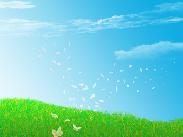 Butterflies, flight, a clearing, a grass, the sky, clouds, a background, иллюстрайия, обой, design, flight, launch
