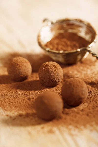 Trufle czekoladowe, kakao w proszku odkurzone i sito, płytkie dof — Zdjęcie stockowe