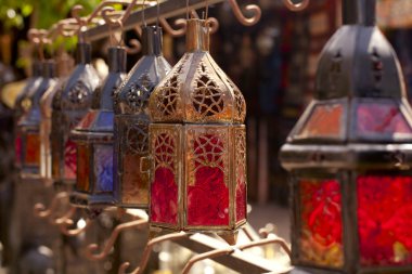 Moroccan glass and metal lanterns lamps in Marrakesh souq clipart