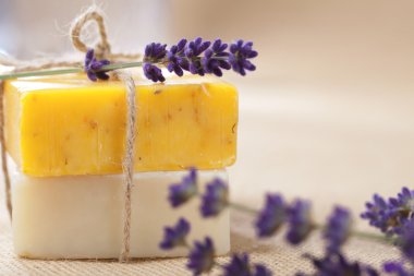 Handmade soap bars with lavender flowers, shallow DOF clipart