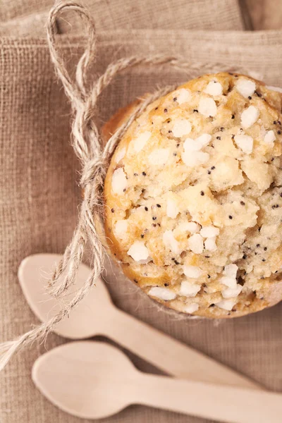 Poppy seed muffin in rustic style, top view shallow dof — Stock Photo, Image