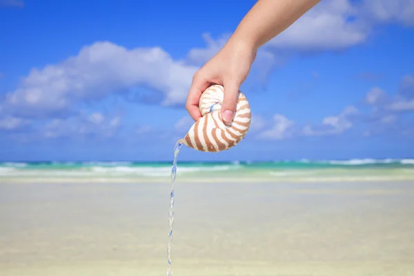 Girls hand pouring water from nautilus shell against sea and sk — Stock Photo, Image