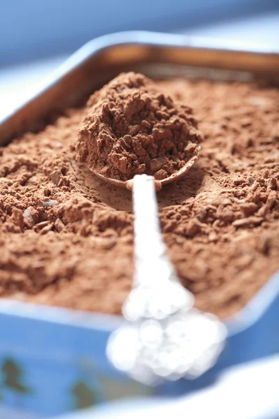 Bir kaşık çikolata parçaları ile kakao tozu — Stok fotoğraf