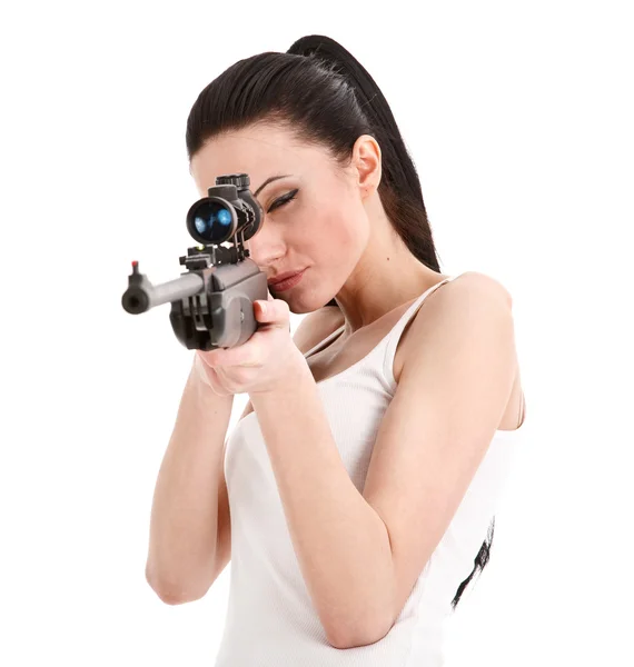 Wanita muda seksi dengan senapan sniper . — Stok Foto