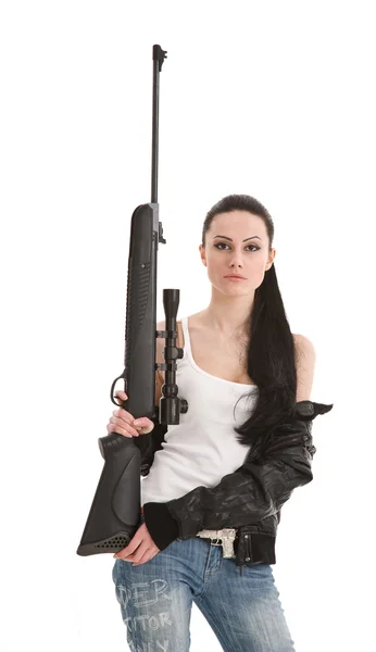 Bir keskin nişancı tüfeği olan seksi kadın. — Stok fotoğraf