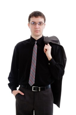 A young man in a suit and tie, holding a jacket. clipart