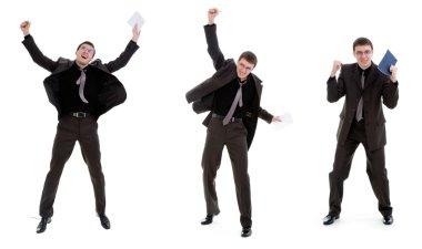 Young man in a suit with a notebook and pen in hand, rejoices. clipart