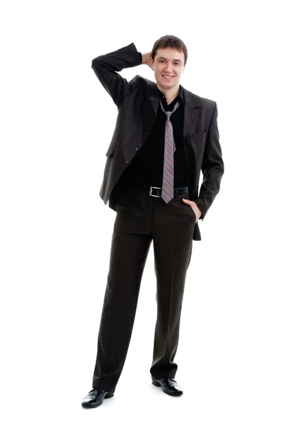 Jonge, plezier, een man in een pak, die zijn hand achter zijn hoofd. — Stockfoto