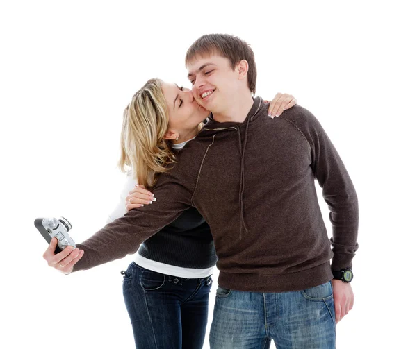 Guy photographed himself with a girl retro camera. — Stock Photo, Image