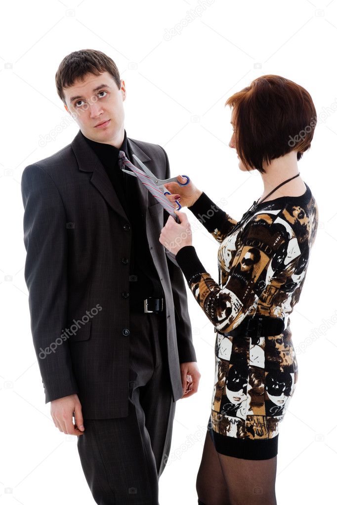 Woman scissor tie, young man.