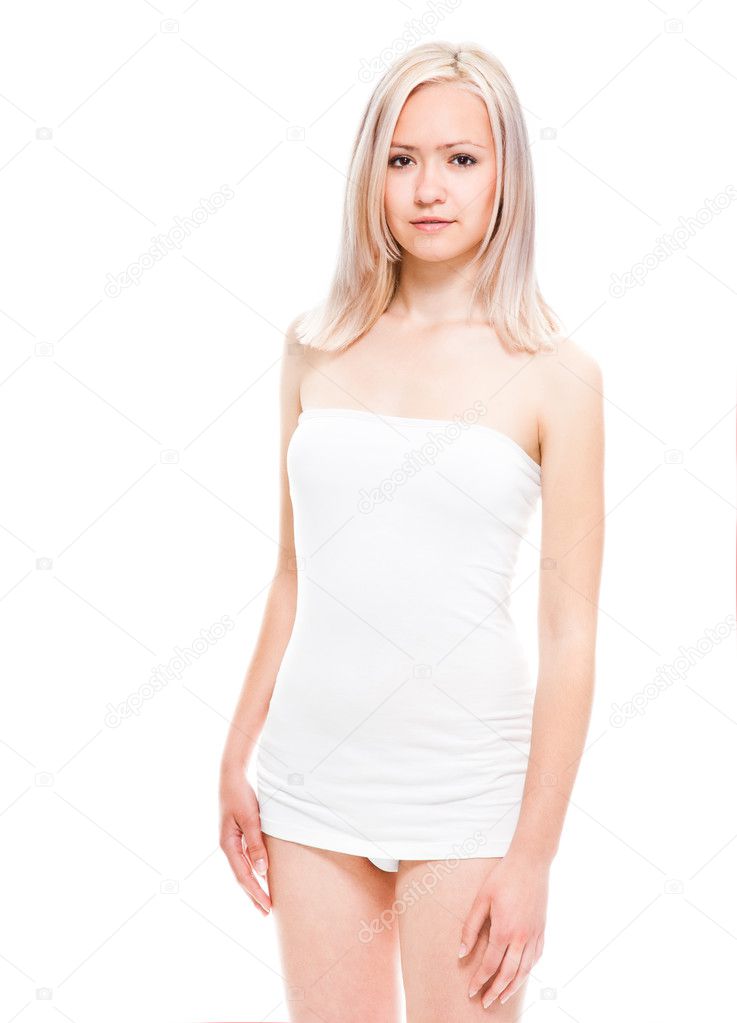 Beautiful young girl in a T-shirt and shorts, with long blond ha