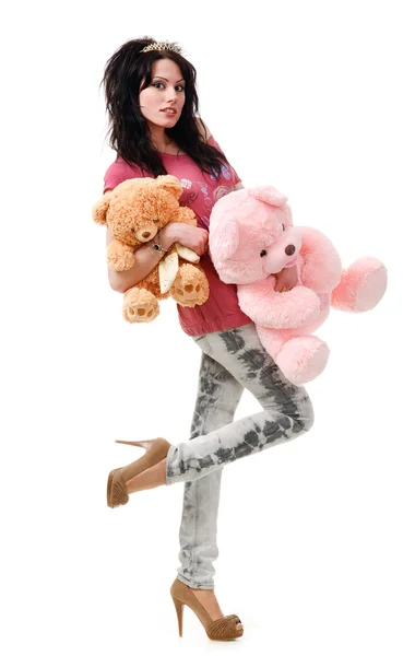 年轻性感的女孩与一个玩具熊，在白色背景上孤立. — 图库照片