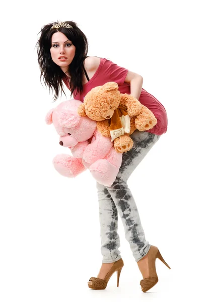 Joven chica sexy con un oso de peluche, aislado sobre fondo blanco . — Foto de Stock