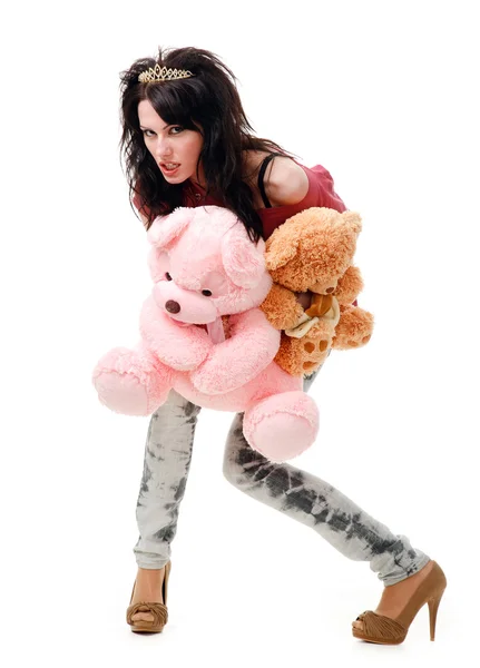 Молода сексуальна дівчина з плюшевим ведмедем, ізольована на білому тлі . — стокове фото