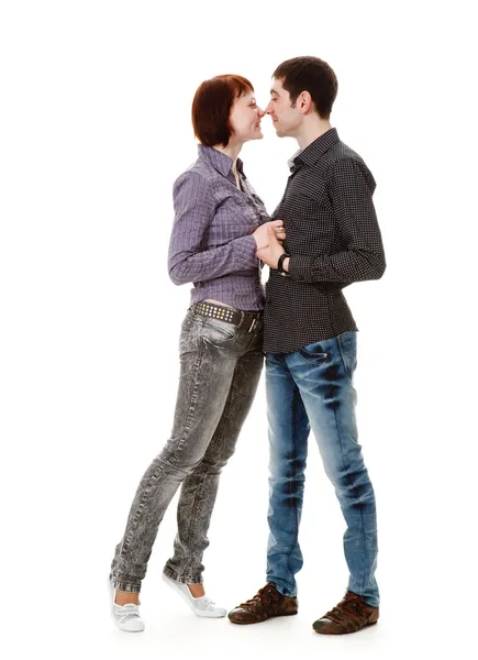 Young woman and man standing on the floor and look at each other — Stock Photo, Image