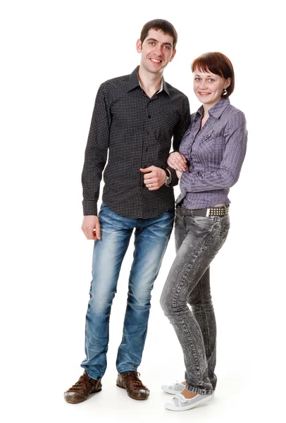 Mladá žena a muž, který stojí na podlaze, dívka drží ha — Stock fotografie