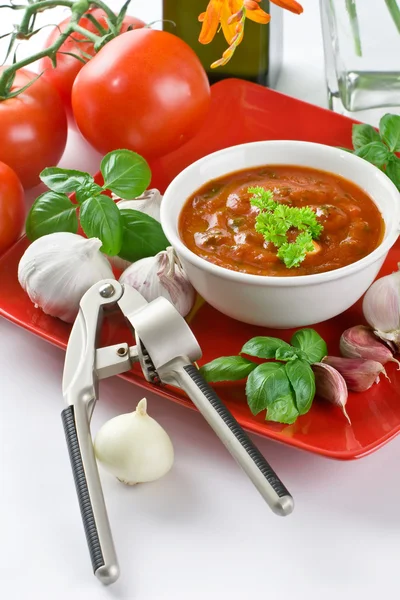 stock image Tomato sauce with garlic and basil