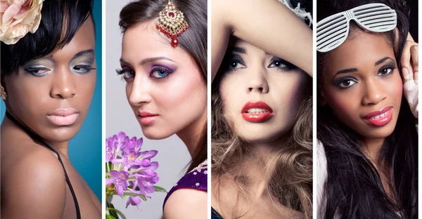 Collage di 4 immagini di bellezza in primo piano di donne di diverse etnie — Foto Stock