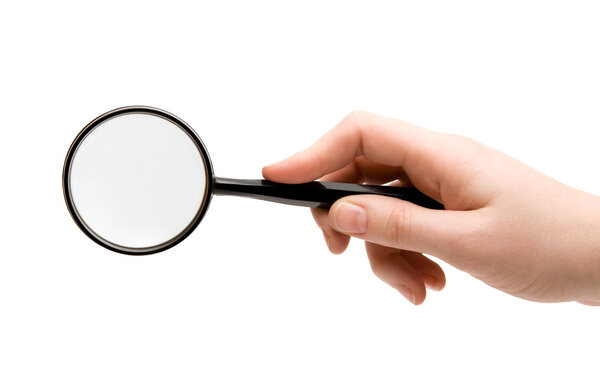 Magnifying glass hold in female right hand (searching)