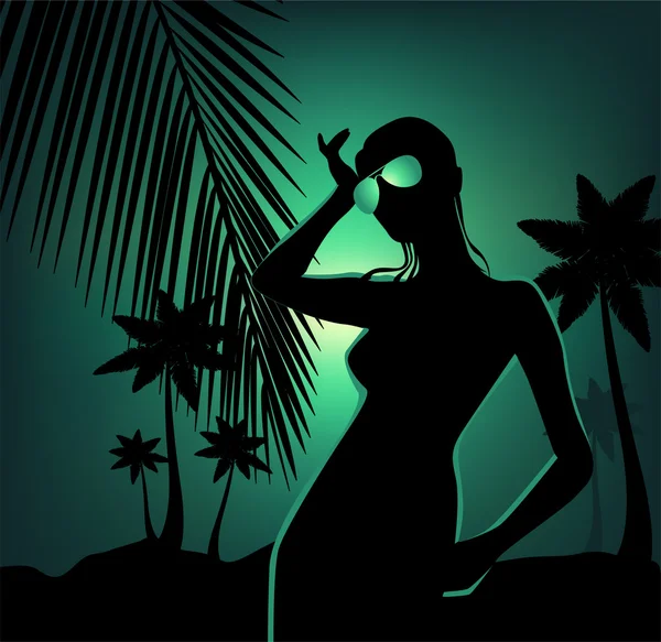 Tropical beach and girl silhouette — Stock Vector