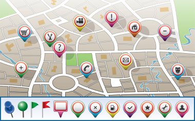 City map with GPS icons