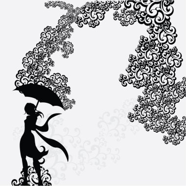 Woman with umbrella silhouette under abstract swirl clipart
