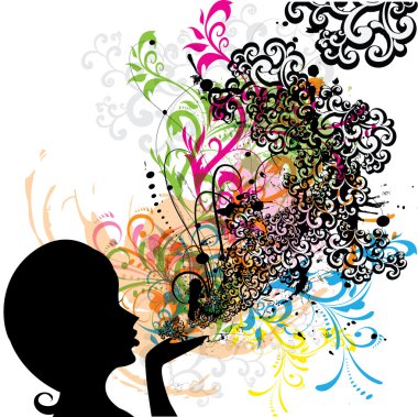 Young girl blowing abstract floral clipart