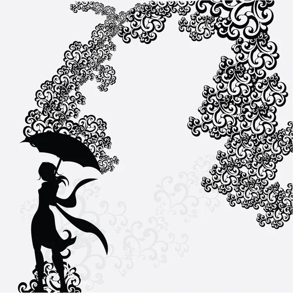 Donna con silhouette a ombrello sotto turbinio astratto — Vettoriale Stock