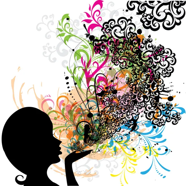 Young girl blowing abstract floral — Stock Vector