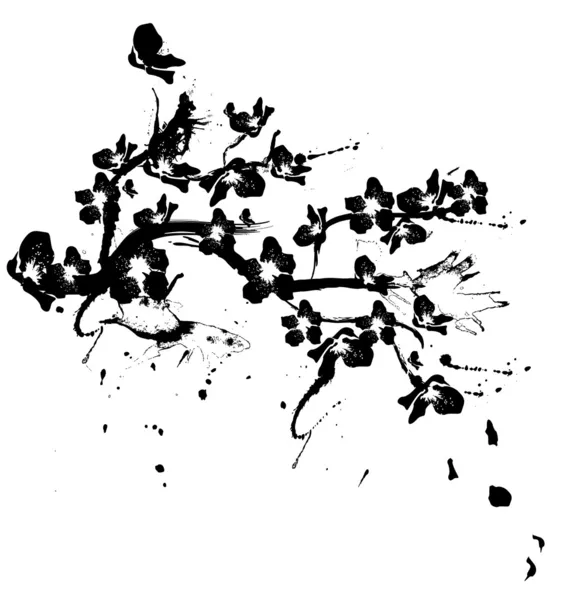 Εικονογράφηση με Κερασιά λουλούδια Σκιαγραφία σε λευκό έκφραση — Διανυσματικό Αρχείο