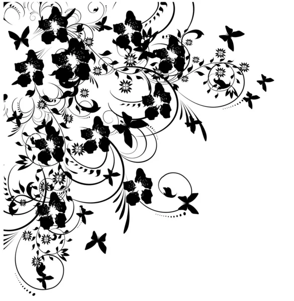 Blumen und Schmetterlinge Silhouette auf weißem Hintergrund — Stockvektor