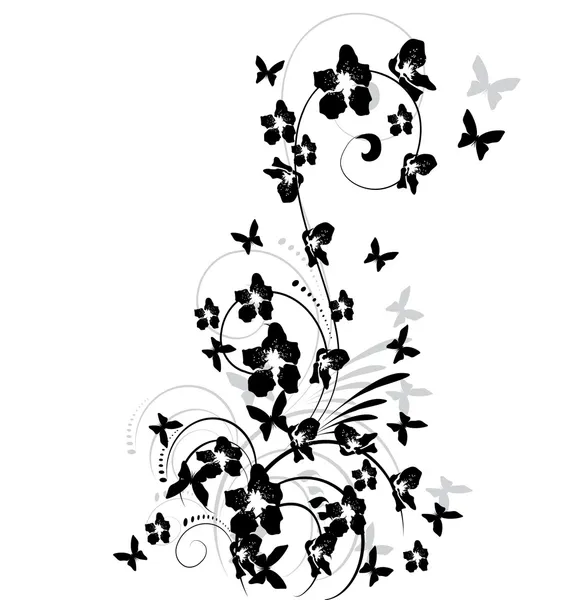 Illustration with cherry tree flowers and butterflies silhouette — Stock Vector