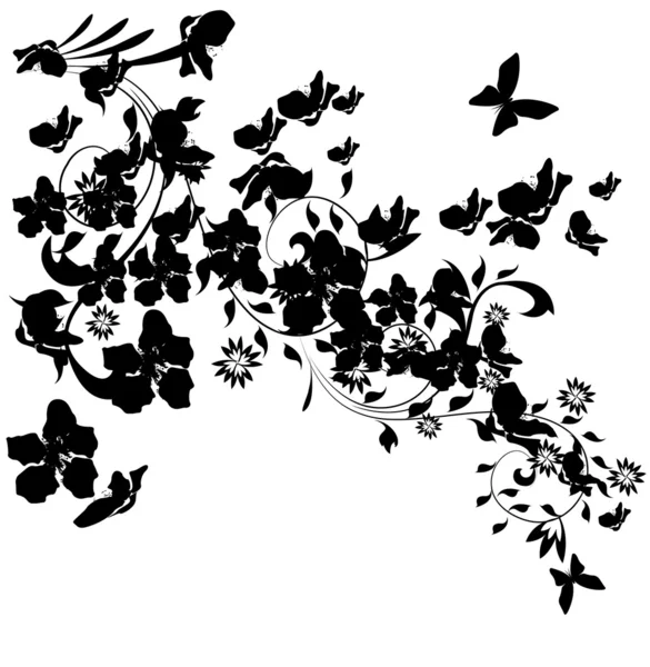 Illustration with cherry tree flowers and butterflies silhouette — Stock Vector