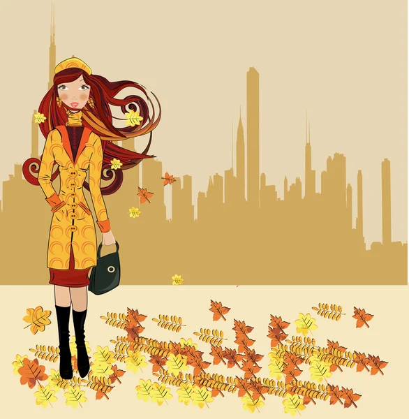 Chica caminando en la calle de otoño — Archivo Imágenes Vectoriales