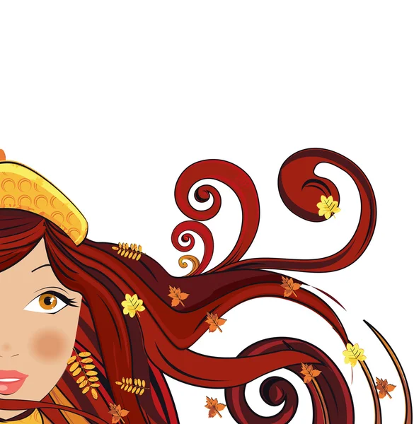 Femme avec des feuilles d'automne dans ses cheveux, vecteur — Image vectorielle