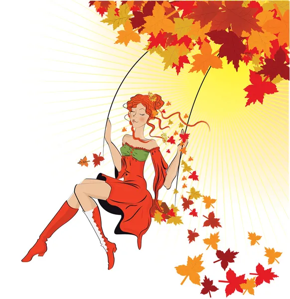 Schöne Herbst Mädchen auf Schaukel — Stockvektor