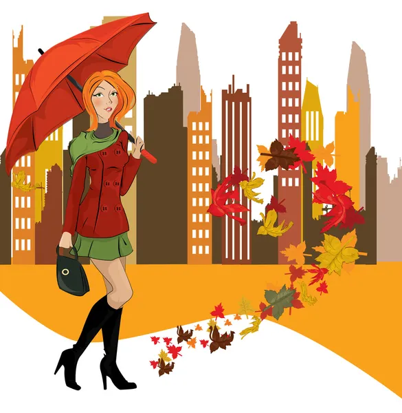 Női esernyő a városban — Stock Vector