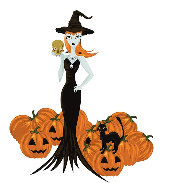 Хэллоуинская ведьма, стоящая с черепом и тыквами — стоковый вектор