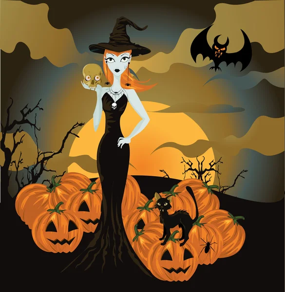 Sorcière d'Halloween debout avec crâne et citrouille — Image vectorielle