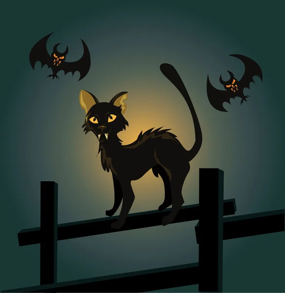 一只黑猫围栏和吸血蝙蝠矢量插画 — 图库矢量图片