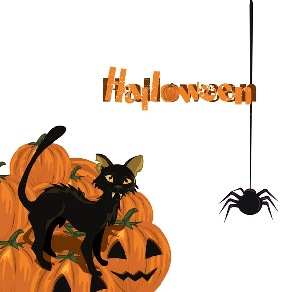 Cartão de Halloween com gatinho e abóbora — Vetor de Stock