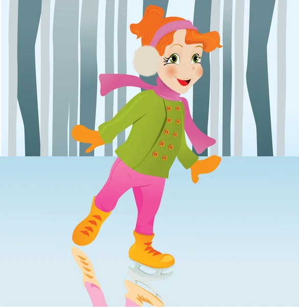 Ice skating girl. Small girl with big smile on ice. Vector carto — Stock Vector