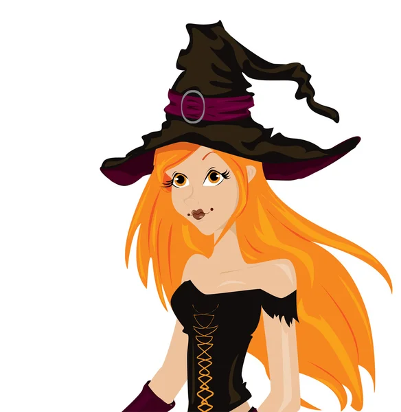 Belle sorcière sexy avec de longs cheveux rouges et chapeau — Image vectorielle