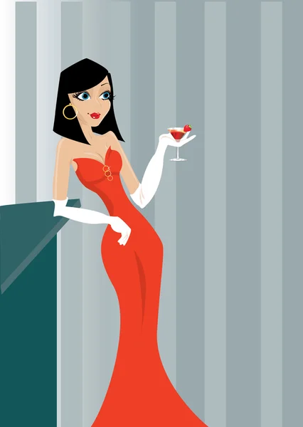 Lady in a red dress with a wine — Stock Vector