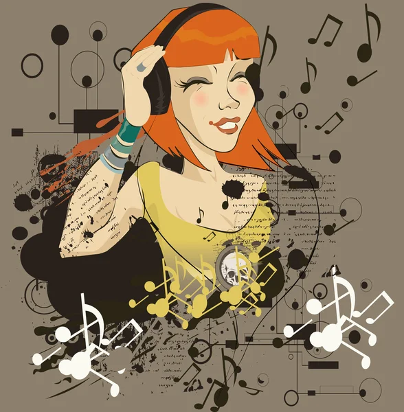 Mladá dívka poslouchá hudbu do sluchátek (vektorové ilustrace — Stockový vektor
