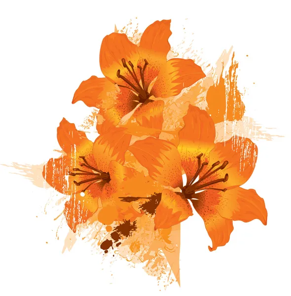 Tři oranžové lilie, vektorové grunge květinové pozadí — Stockový vektor